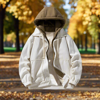 Mens Layered Look Hooded Corduroy Jacket With Faux Fur Lining