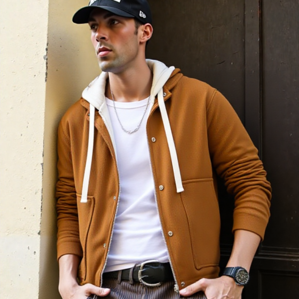 Mens Layered Look Hooded Corduroy Jacket With Faux Fur Lining