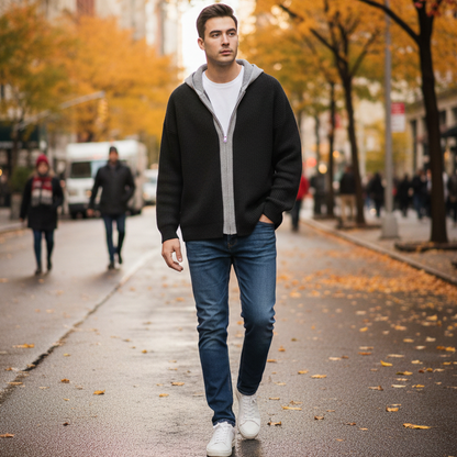 Mens Two Tone Layered Look Zipper Cardigan With Hood