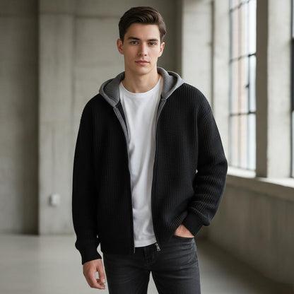 Mens Two Tone Layered Look Zipper Cardigan With Hood