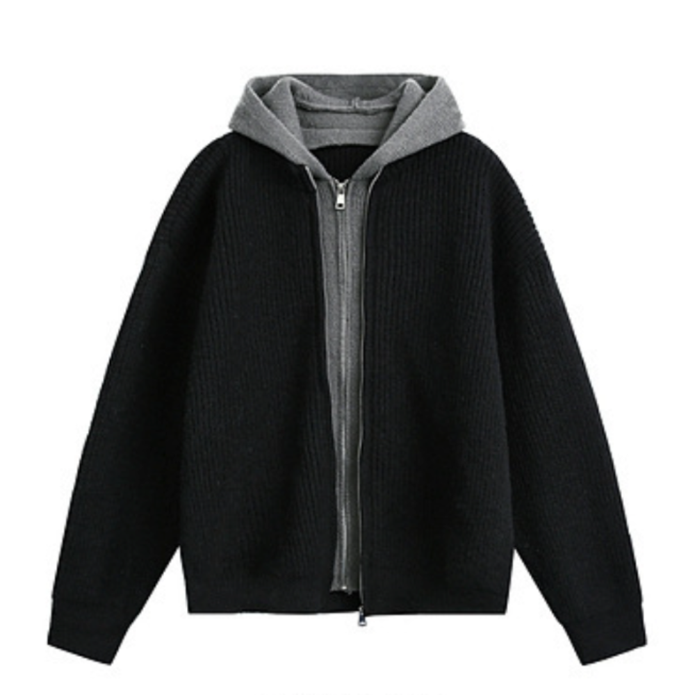 Mens Two Tone Layered Look Zipper Cardigan With Hood