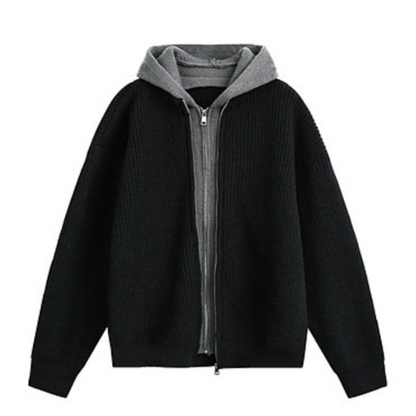 Mens Two Tone Layered Look Zipper Cardigan With Hood