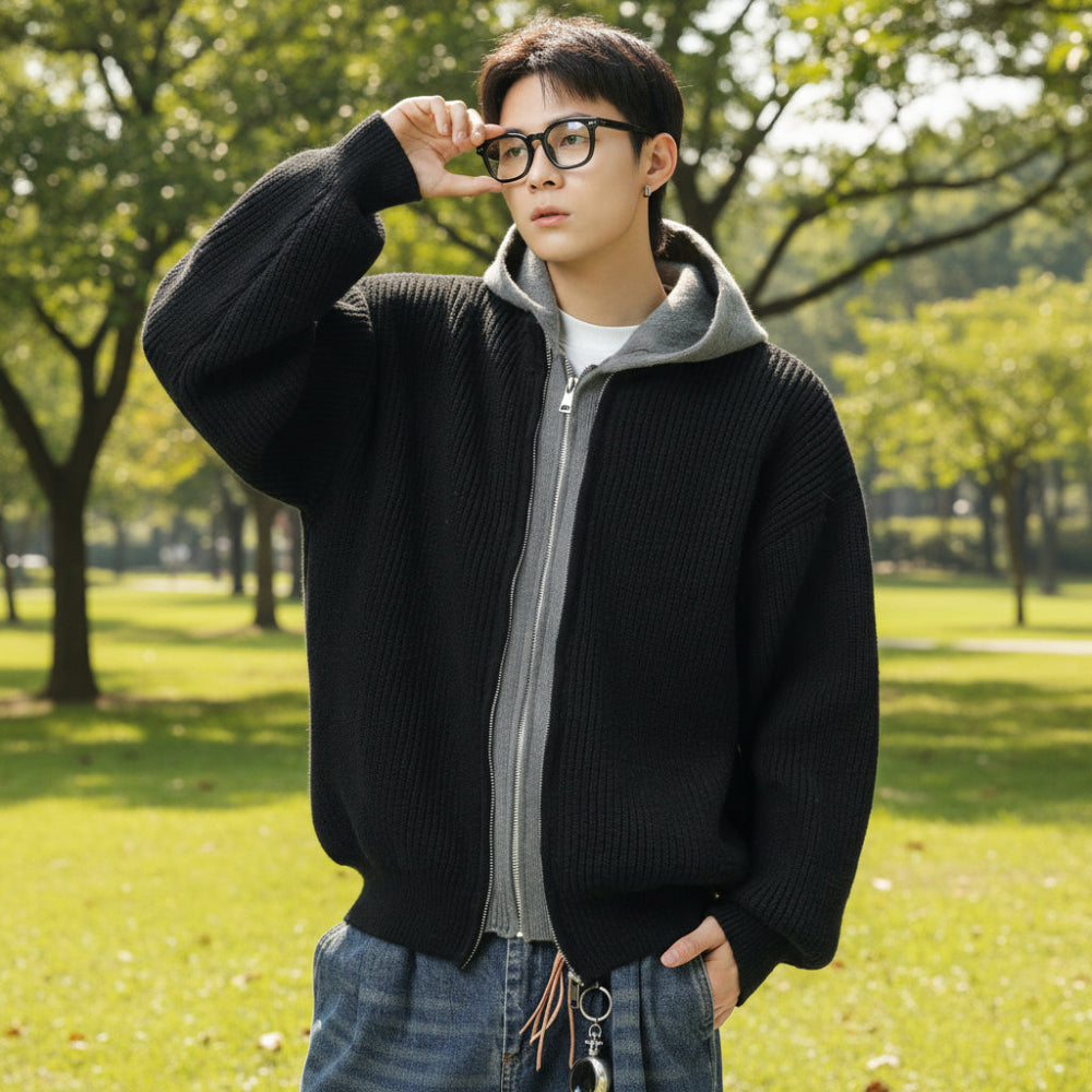 Mens Two Tone Layered Look Zipper Cardigan With Hood