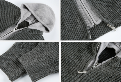 Mens Two Tone Layered Look Zipper Cardigan With Hood