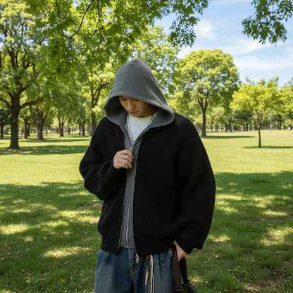 Mens Two Tone Layered Look Zipper Cardigan With Hood