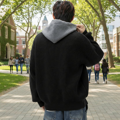 Mens Two Tone Layered Look Zipper Cardigan With Hood