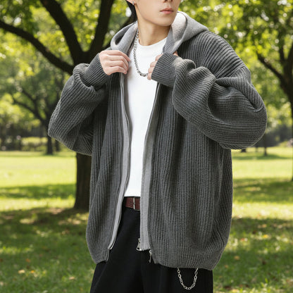 Mens Two Tone Layered Look Zipper Cardigan With Hood