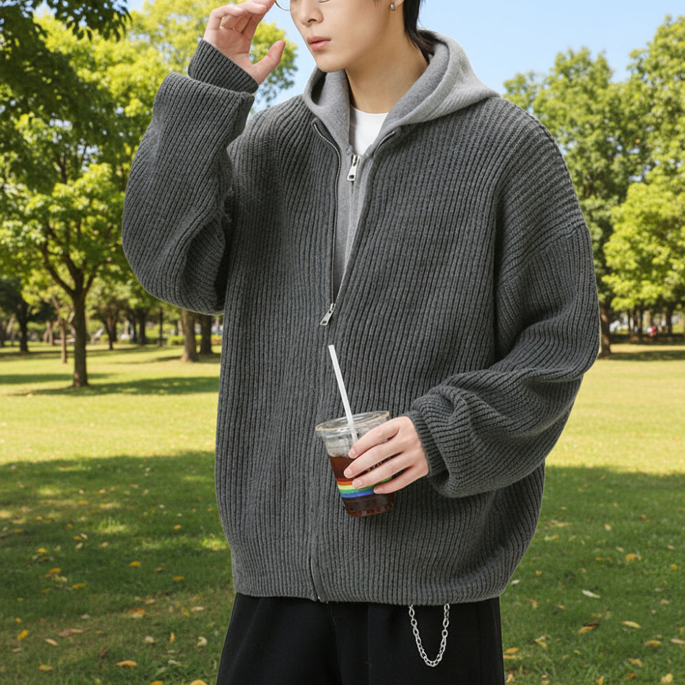 Mens Two Tone Layered Look Zipper Cardigan With Hood