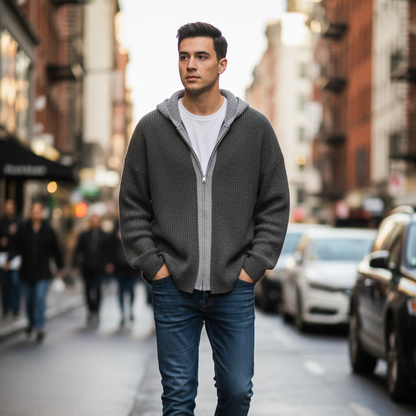 Mens Two Tone Layered Look Zipper Cardigan With Hood