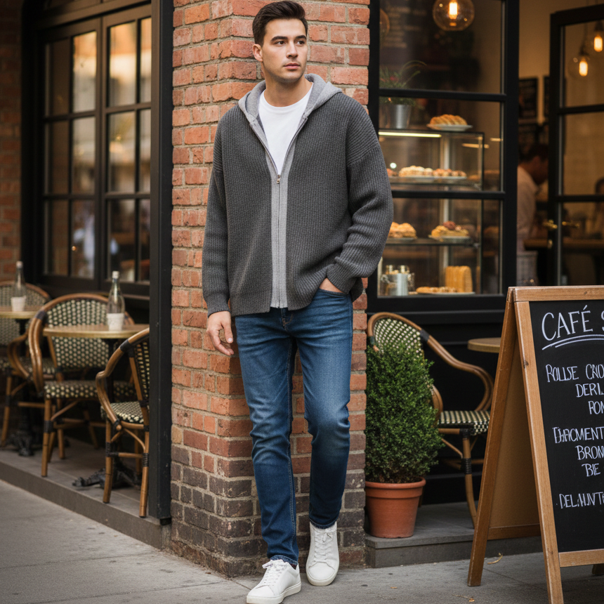 Mens Two Tone Layered Look Zipper Cardigan With Hood