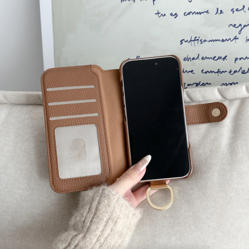 Vegan Leather Wallet Case For iPhone with Wrist Strap