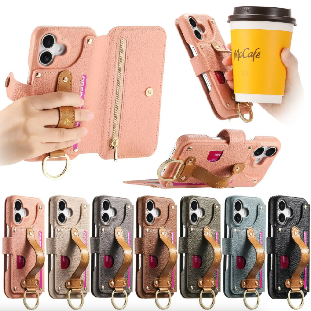 Vegan Leather Wallet Case For iPhone with Wrist Strap