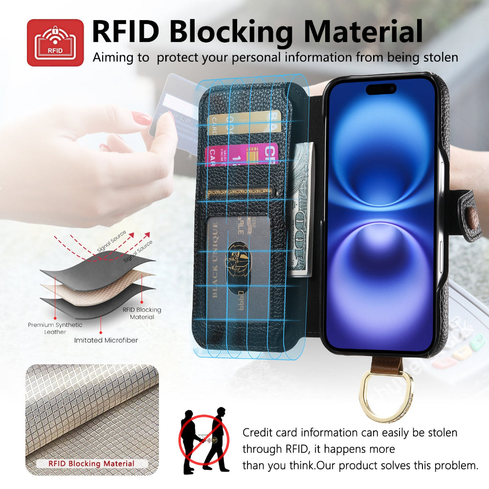 Vegan Leather Wallet Case For iPhone with Wrist Strap