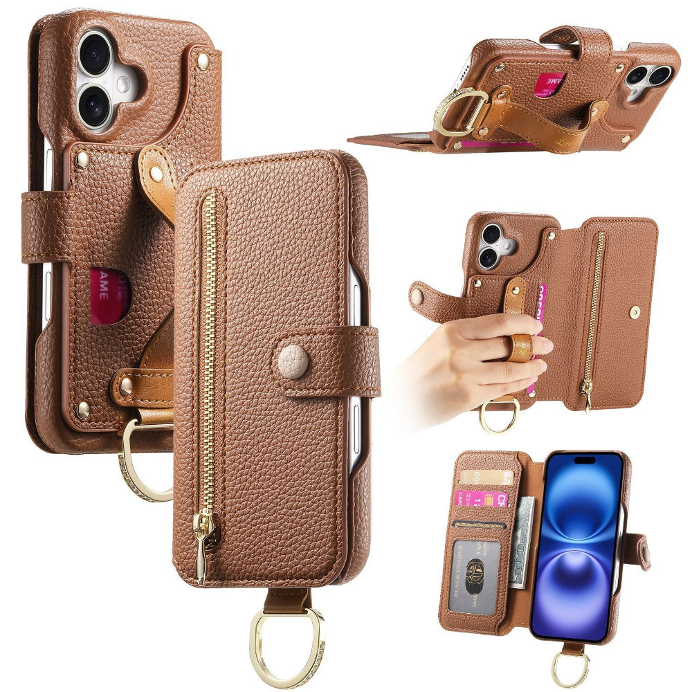Vegan Leather Wallet Case For iPhone with Wrist Strap