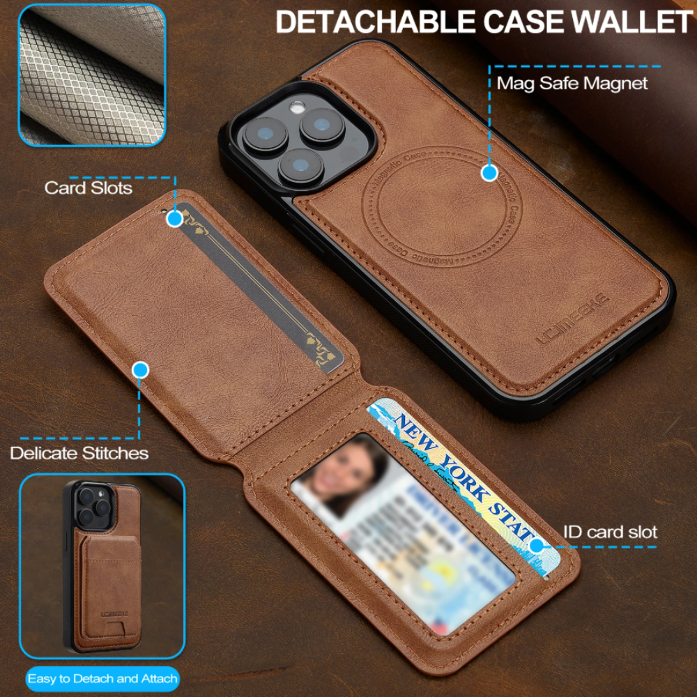 Vegan Leather Phone Case For IPhone With Detachable Magnetic Card Case