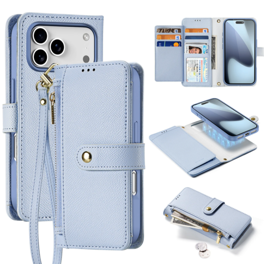 Vegan Leather Wallet Case For iPhone With Zipper Coin Bag