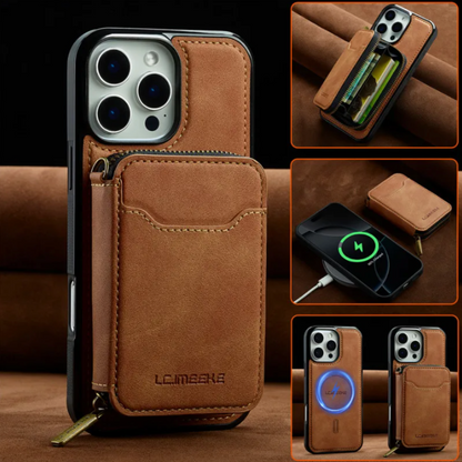 Vegan Leather Case For iPhone With Detachable Zipper Card Pouch