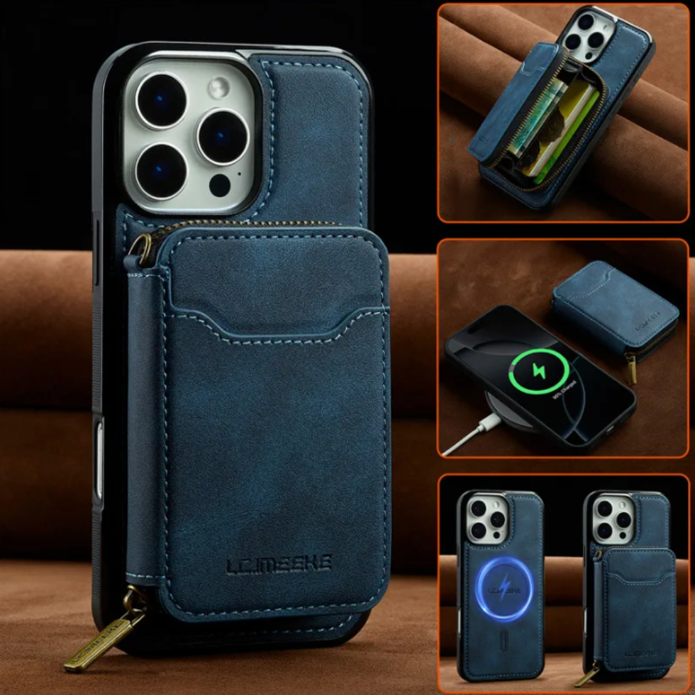 Vegan Leather Case For iPhone With Detachable Zipper Card Pouch