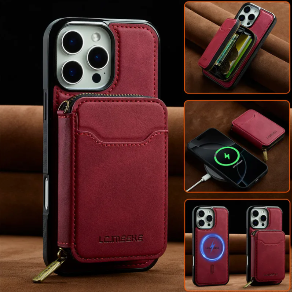 Vegan Leather Case For iPhone With Detachable Zipper Card Pouch