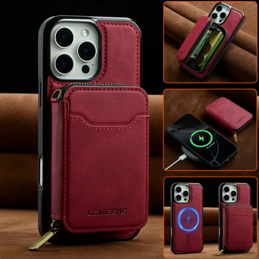 Vegan Leather Case For iPhone With Detachable Zipper Card Pouch