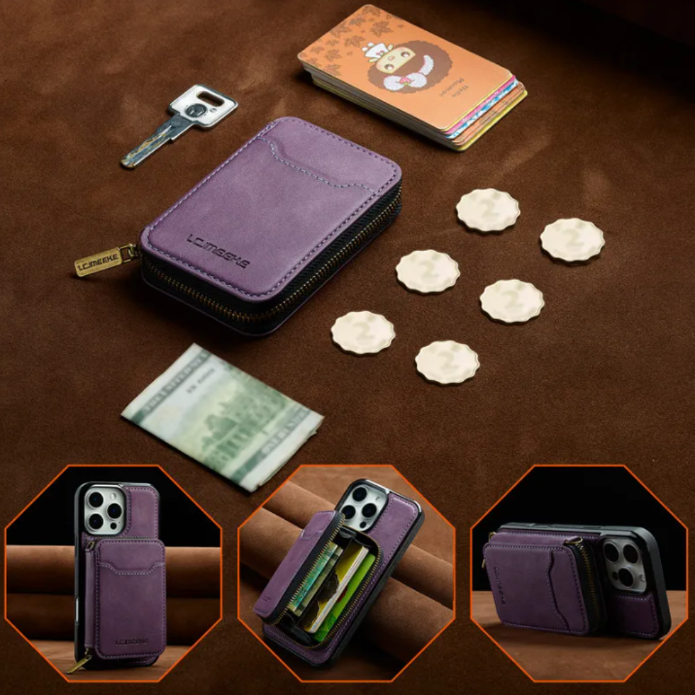 Vegan Leather Case For iPhone With Detachable Zipper Card Pouch