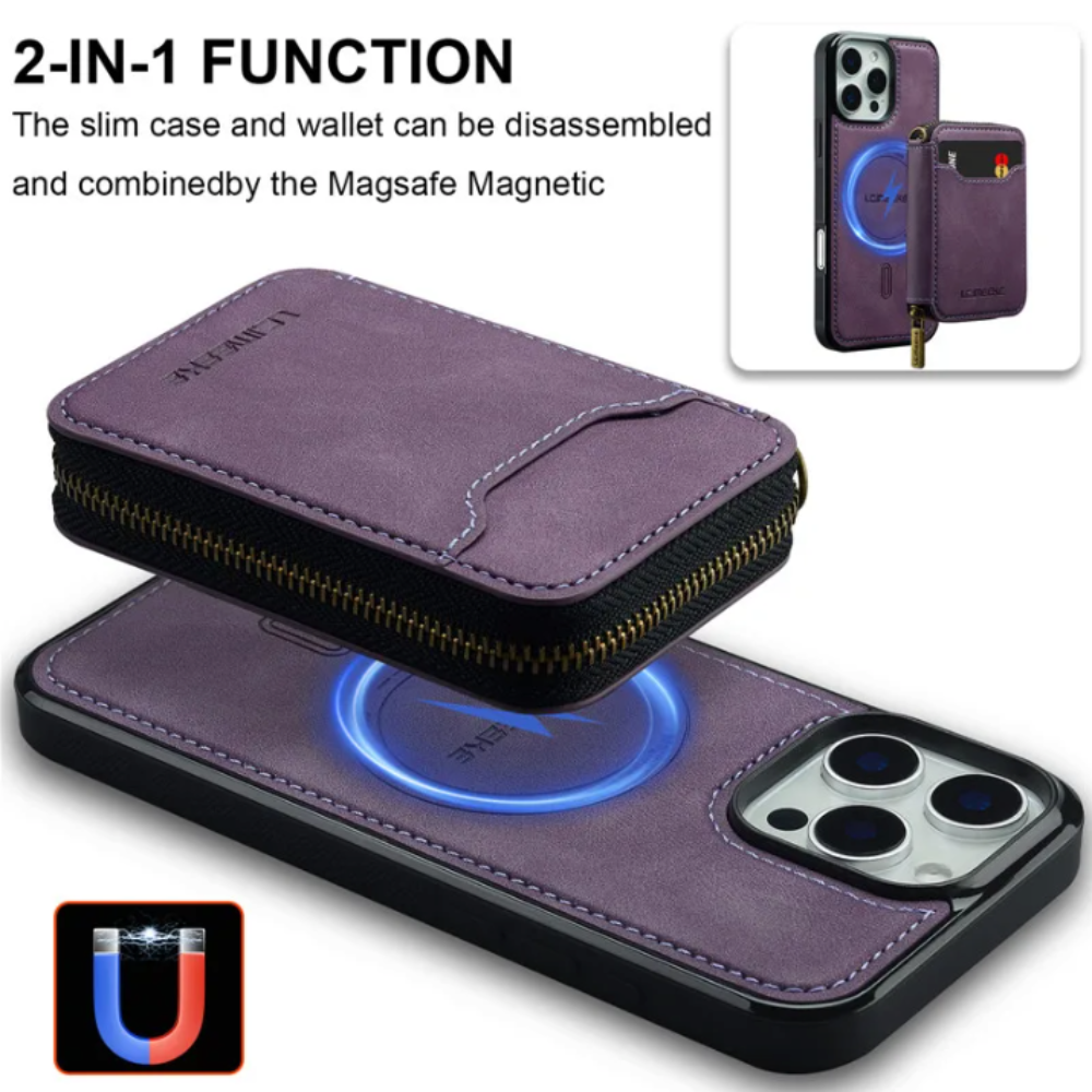 Vegan Leather Case For iPhone With Detachable Zipper Card Pouch