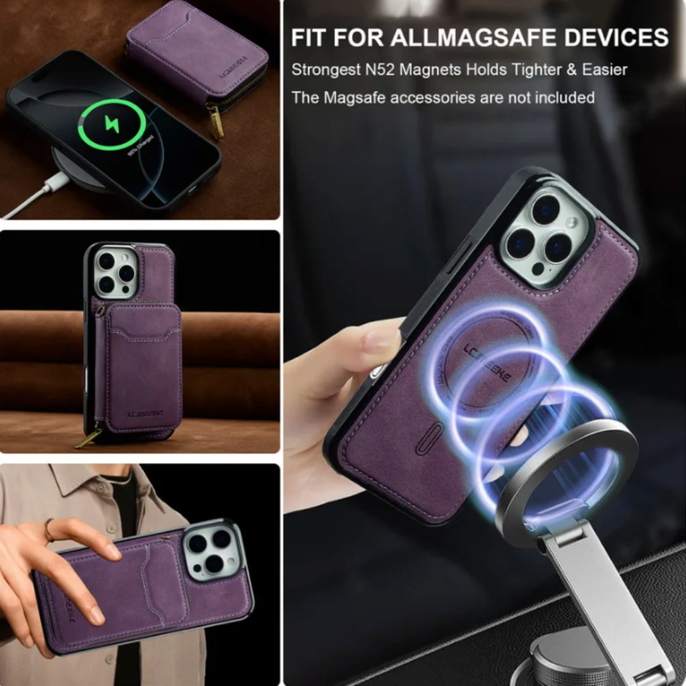 Vegan Leather Case For iPhone With Detachable Zipper Card Pouch