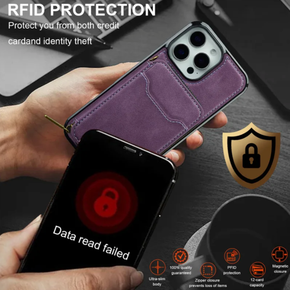 Vegan Leather Case For iPhone With Detachable Zipper Card Pouch