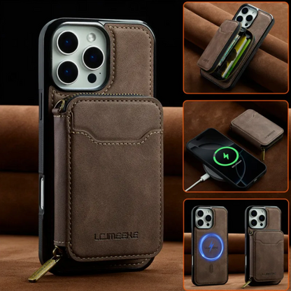 Vegan Leather Case For iPhone With Detachable Zipper Card Pouch