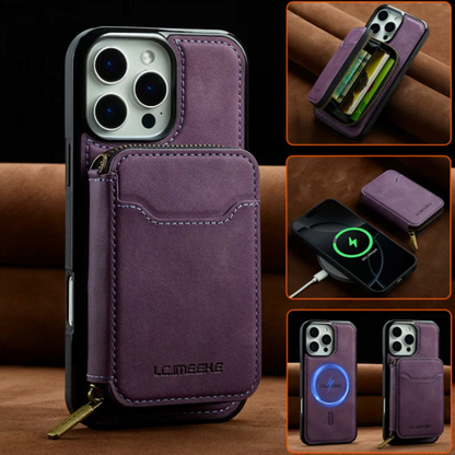 Vegan Leather Case For iPhone With Detachable Zipper Card Pouch