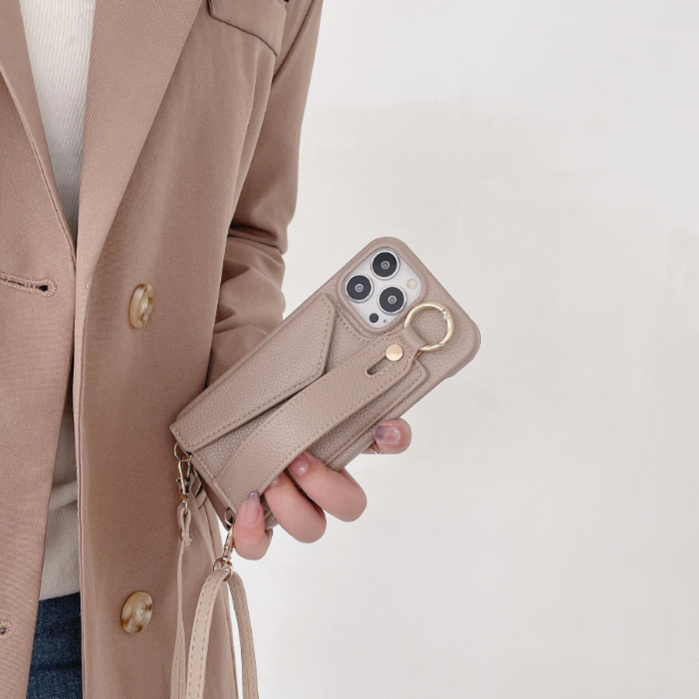 Crossbody Vegan Leather Case For iPhone With Card Slot And Wrist Strap