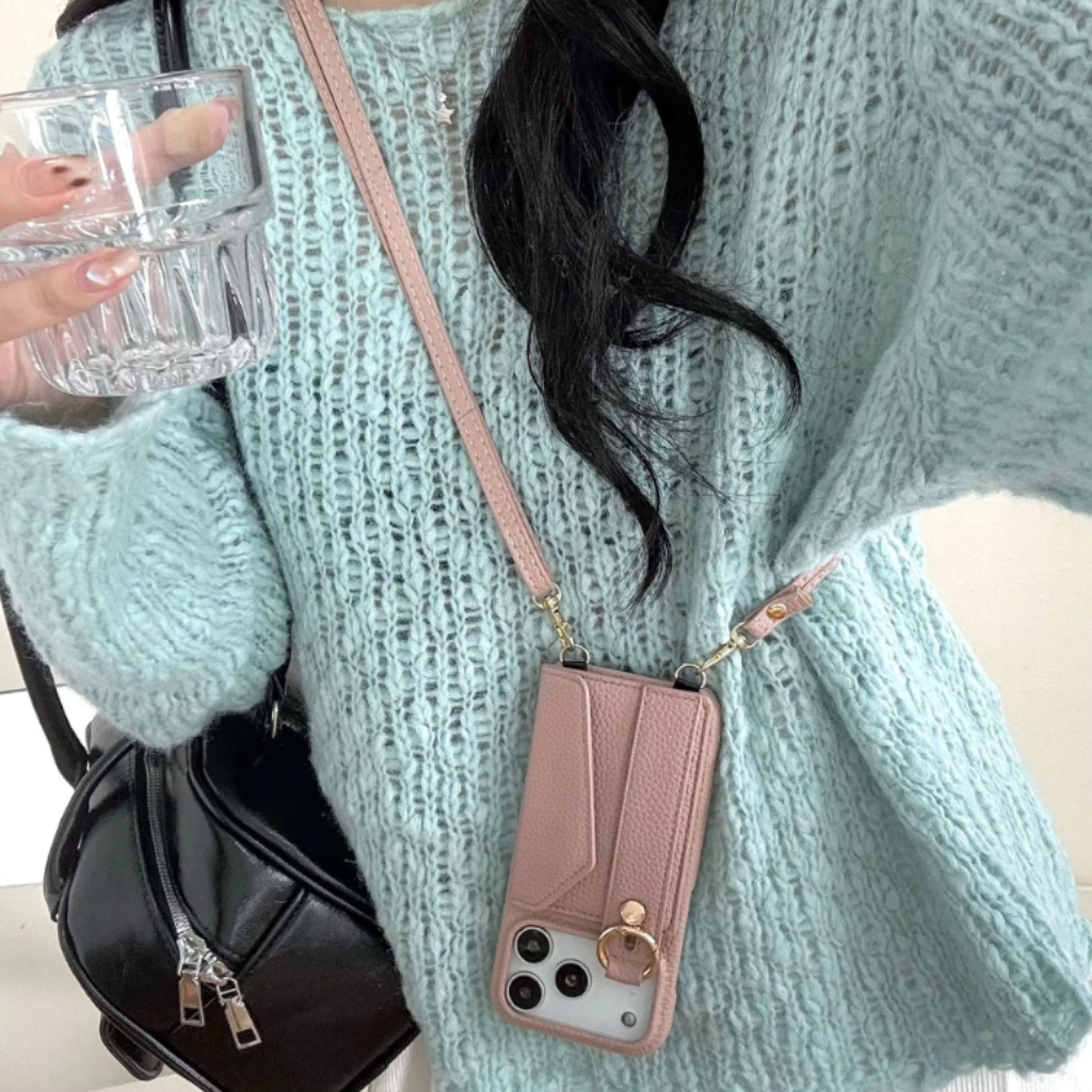 Crossbody Vegan Leather Case For iPhone With Card Slot And Wrist Strap