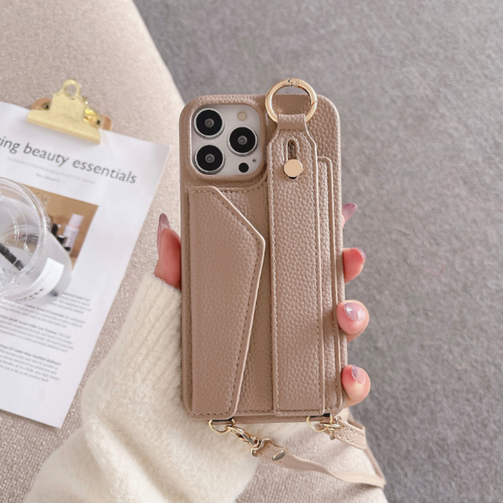 Crossbody Vegan Leather Case For iPhone With Card Slot And Wrist Strap