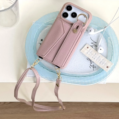 Crossbody Vegan Leather Case For iPhone With Card Slot And Wrist Strap