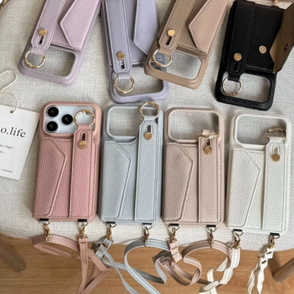 Crossbody Vegan Leather Case For iPhone With Card Slot And Wrist Strap