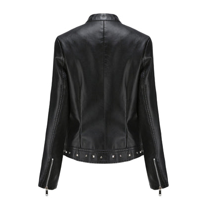 Women's Stand Collar Vegan Leather Jacket With Studs