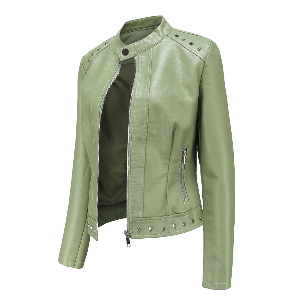 Women's Stand Collar Vegan Leather Jacket With Studs