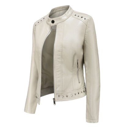 Women's Stand Collar Vegan Leather Jacket With Studs