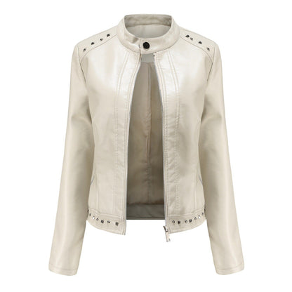 Women's Stand Collar Vegan Leather Jacket With Studs