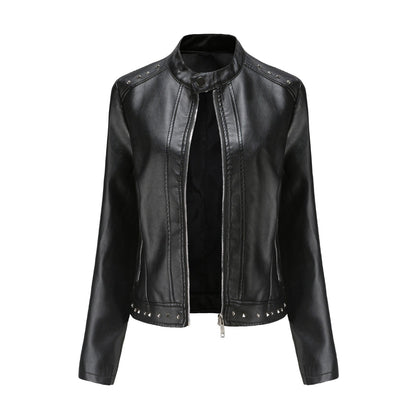 Women's Stand Collar Vegan Leather Jacket With Studs