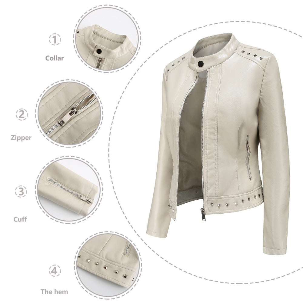 Women's Stand Collar Vegan Leather Jacket With Studs
