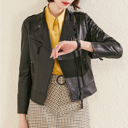 Women's Lapel Collar Vegan Biker Jacket