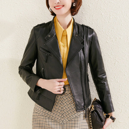 Women's Lapel Collar Vegan Biker Jacket