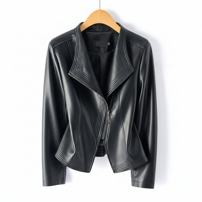 Women's Lapel Collar Vegan Leather Jacket