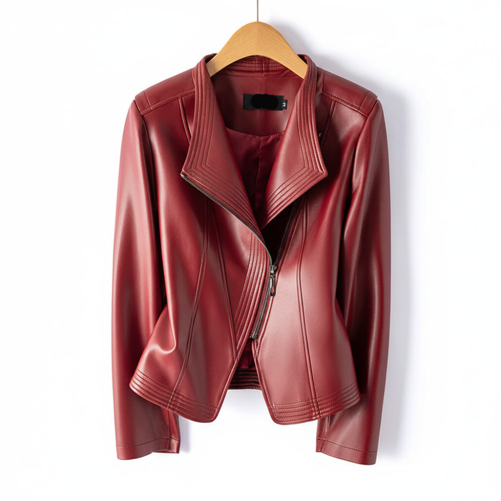 Women's Lapel Collar Vegan Leather Jacket