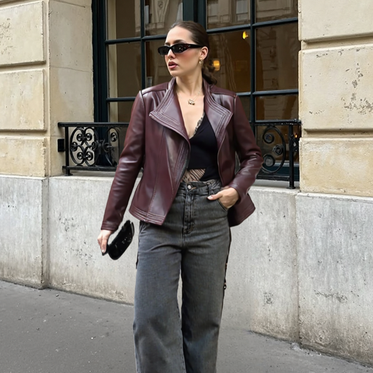 Women's Lapel Collar Vegan Leather Jacket