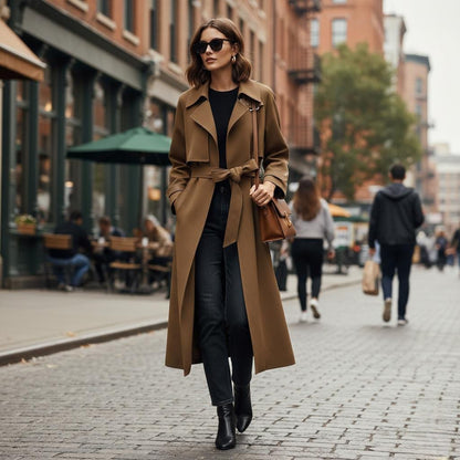 Women Belted Trench with Simplicity Design and Buckle Details