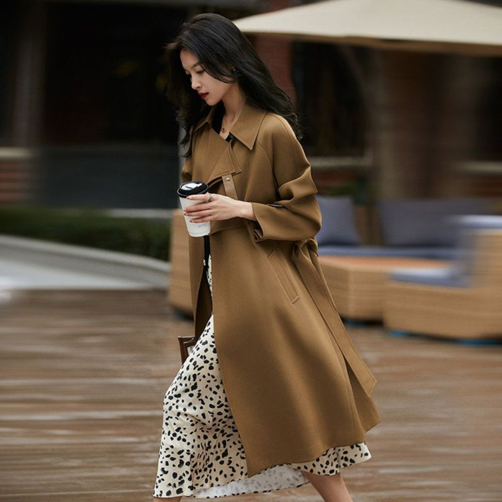Women Belted Trench with Simplicity Design and Buckle Details