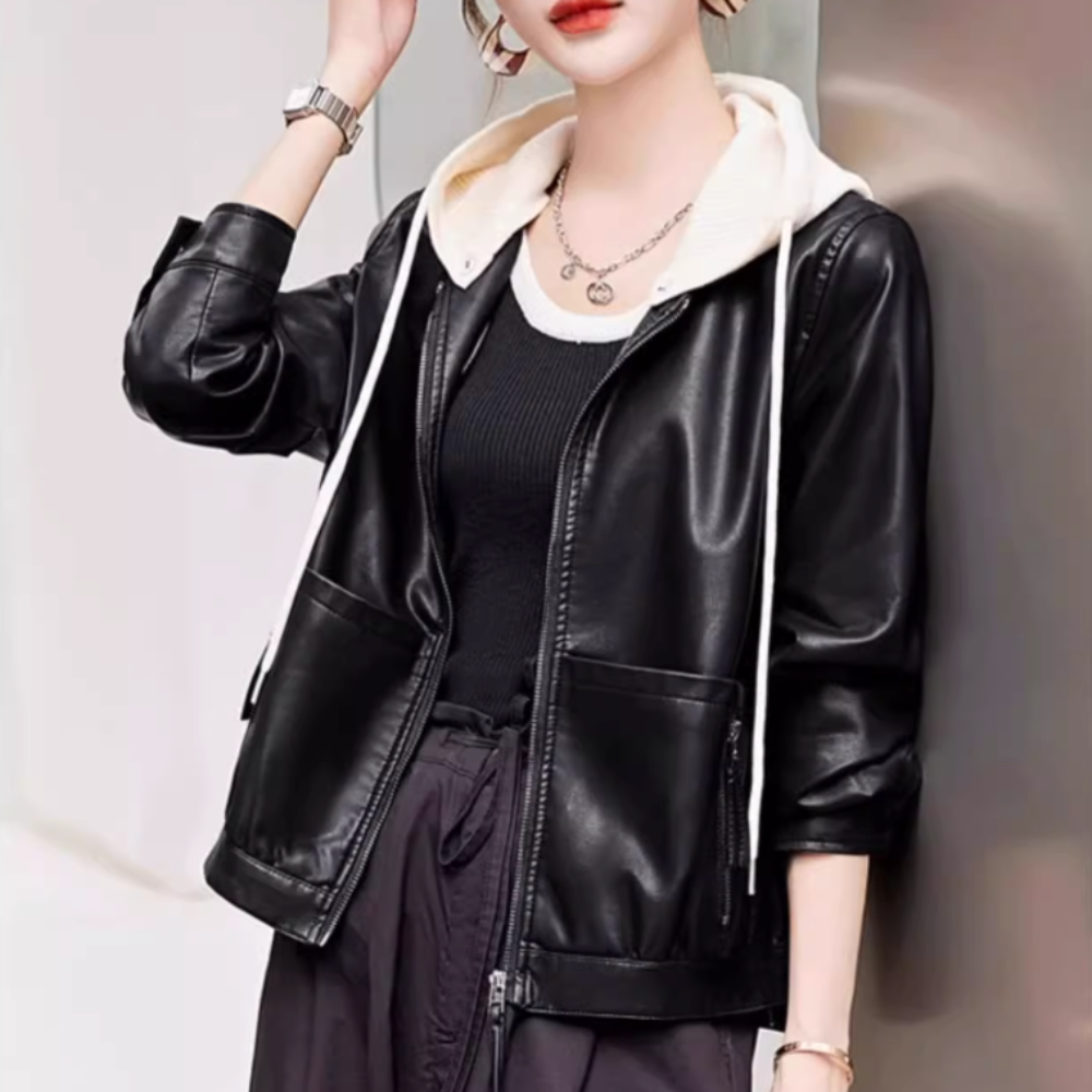 Women Vegan Leather Jacket with Removable Knit Hood