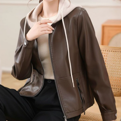 Women Vegan Leather Jacket with Removable Knit Hood
